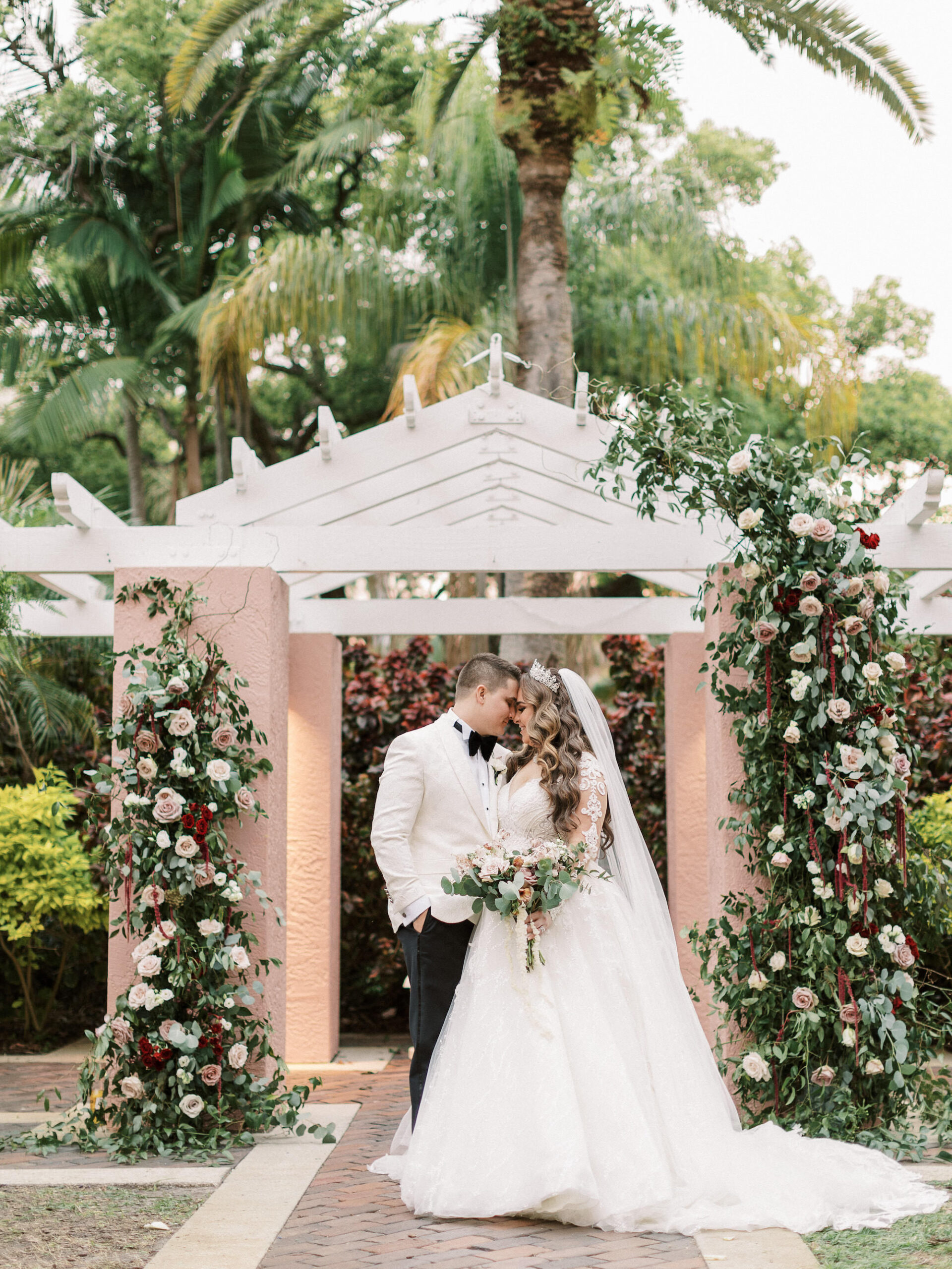 Romantic Royal Glam Gatsby Bride and Groom Wedding Portrait | Tampa Bay Wedding Planner and Designer John Campbell Weddings | Outdoor Courtyard St. Pete Wedding Venue The Vinoy Renaissance