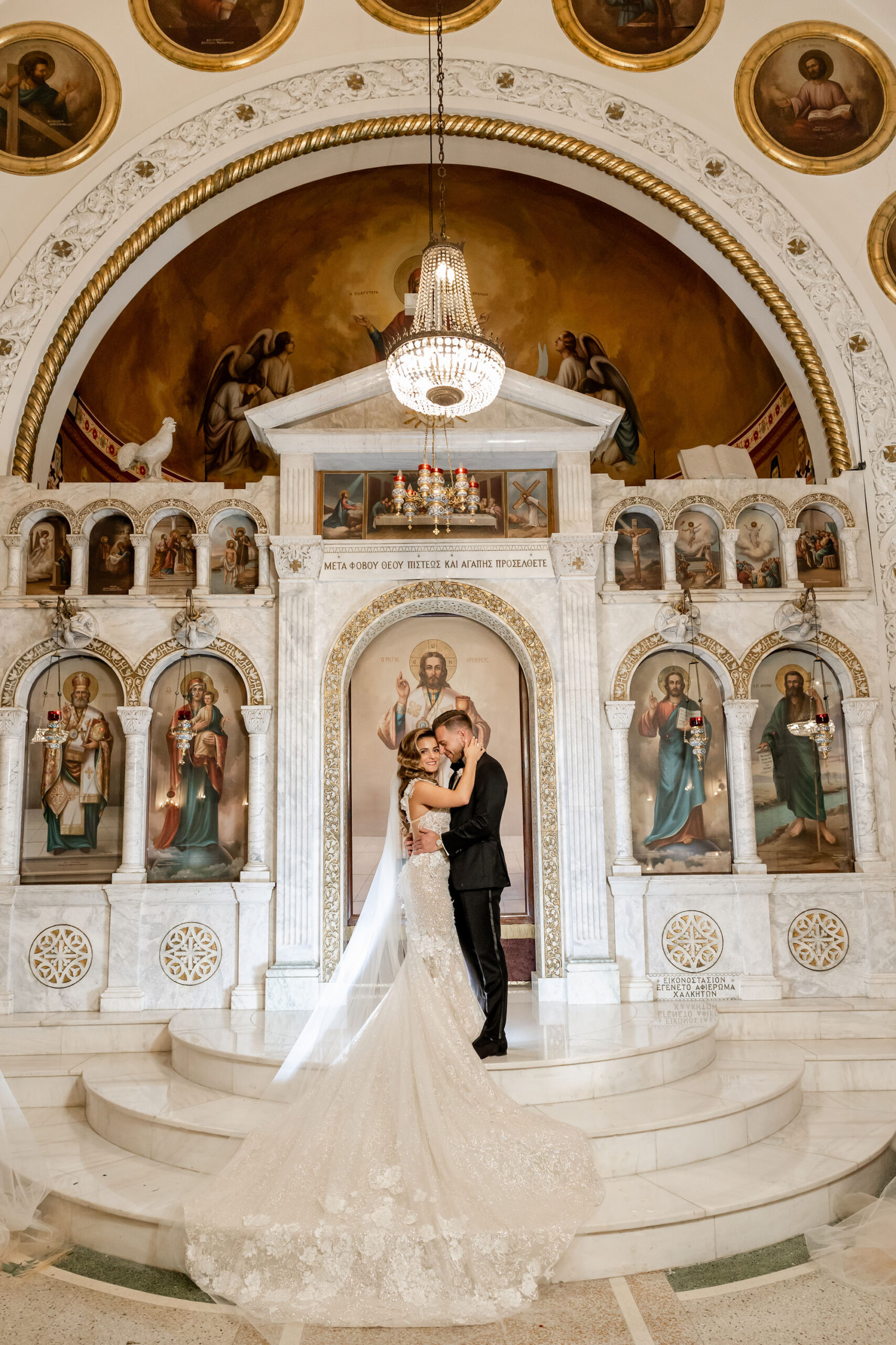 Fall Boho Bride and Groom Greek Wedding Portrait in Tampa Wedding Venue St. Nicholas Greek Orthodox Cathedral