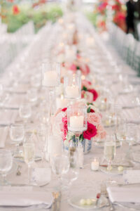 Vintage Southern Classic Wedding Reception Decor, Long Feasting Table with Floral White Linen, Pink and White Roses Low Floral Centerpieces, Clear Acrylic Chiavari Chairs | Tampa Bay Wedding Planner Parties A'la Carte | Wedding Rentals Gabro Event Services, Over the Top Rental Linens