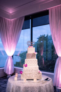 Five Tier White Wedding Cake with Silver Detailing and Pink Flowers | Tampa Wedding Cake The Artistic Whisk