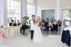 Modern Romantic Wedding Reception, Bride and Groom First Dance with Fog | Tampa Bay Wedding Venue The Vault