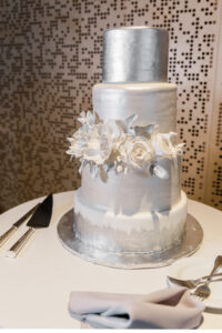 Winter Inspired Wedding, Four Tier Silver and White Wedding Cake with White Sugar Flowers | Custom Cake Flowers Tampa Bay Cake Company