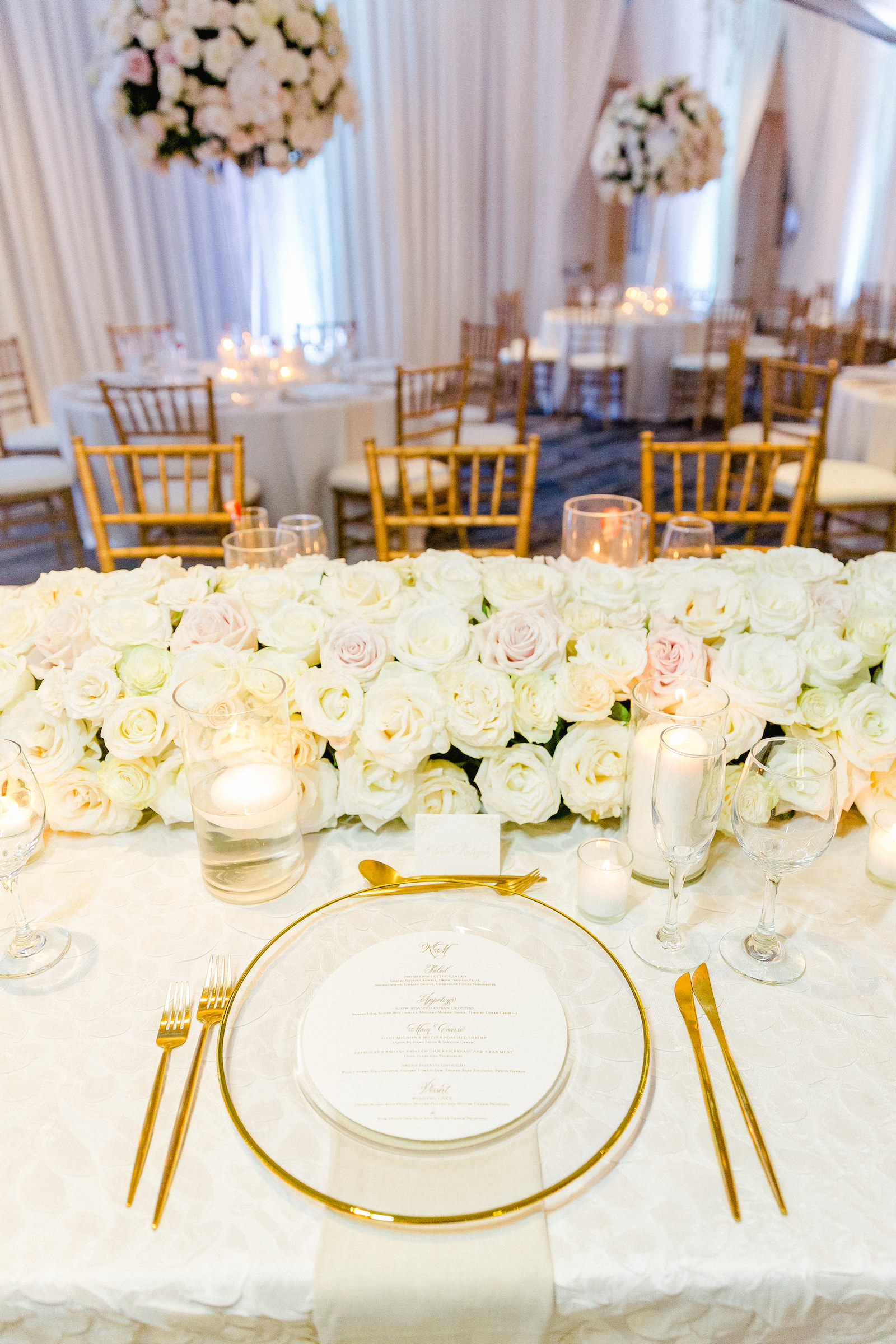 White and Gold Romantic Wedding Reception Decor, Gold Flaftware, Clear Glass and Gold Rimmed Charger, Candlesticks and White and Blush Pink Roses Lush Table Long Floral Centerpiece