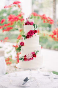 Vintage Southern Classic Wedding Reception, Four Tier Textured White Wedding Cake with Pink Real Roses | Tampa Bay Wedding Florist Bruce Wayne Florals | Wedding Cake The Artistic Whisk