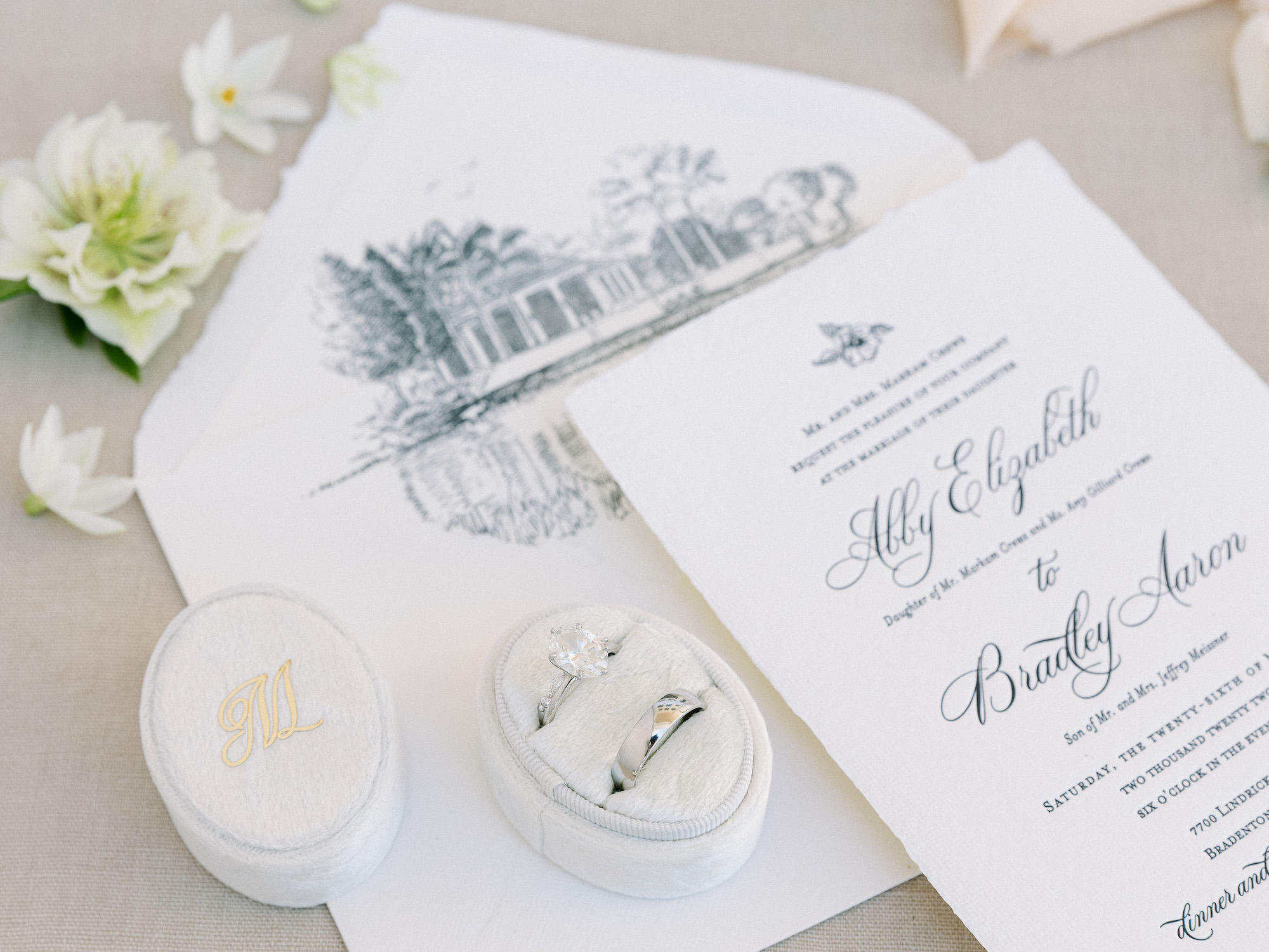 Old Florida Elegant Wedding, Oval Diamond Engagement Ring, Groom White Gold Wedding Ring in Oval Gray Ring Box, White and Gray Wedding Invitation Suite | Tampa Bay Wedding Stationery A&P Design Co