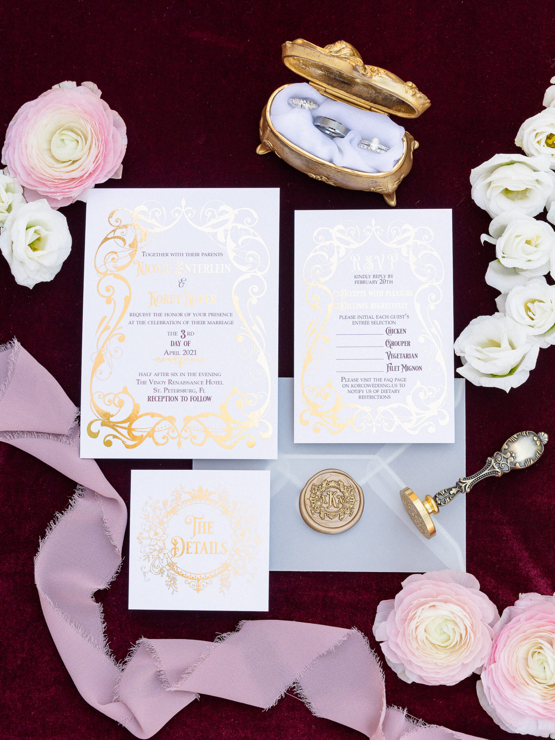 Romantic Elegant Royal Glam Gatsby Inspired Gold Foil, White and Dusty Blue Wedding Invitation Suite | Tampa Bay Wedding Stationery John Campbell Weddings