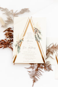 Fall Boho Wedding Invitation Suite with Gold Foil Triangle and Pampas Grass Watercolor