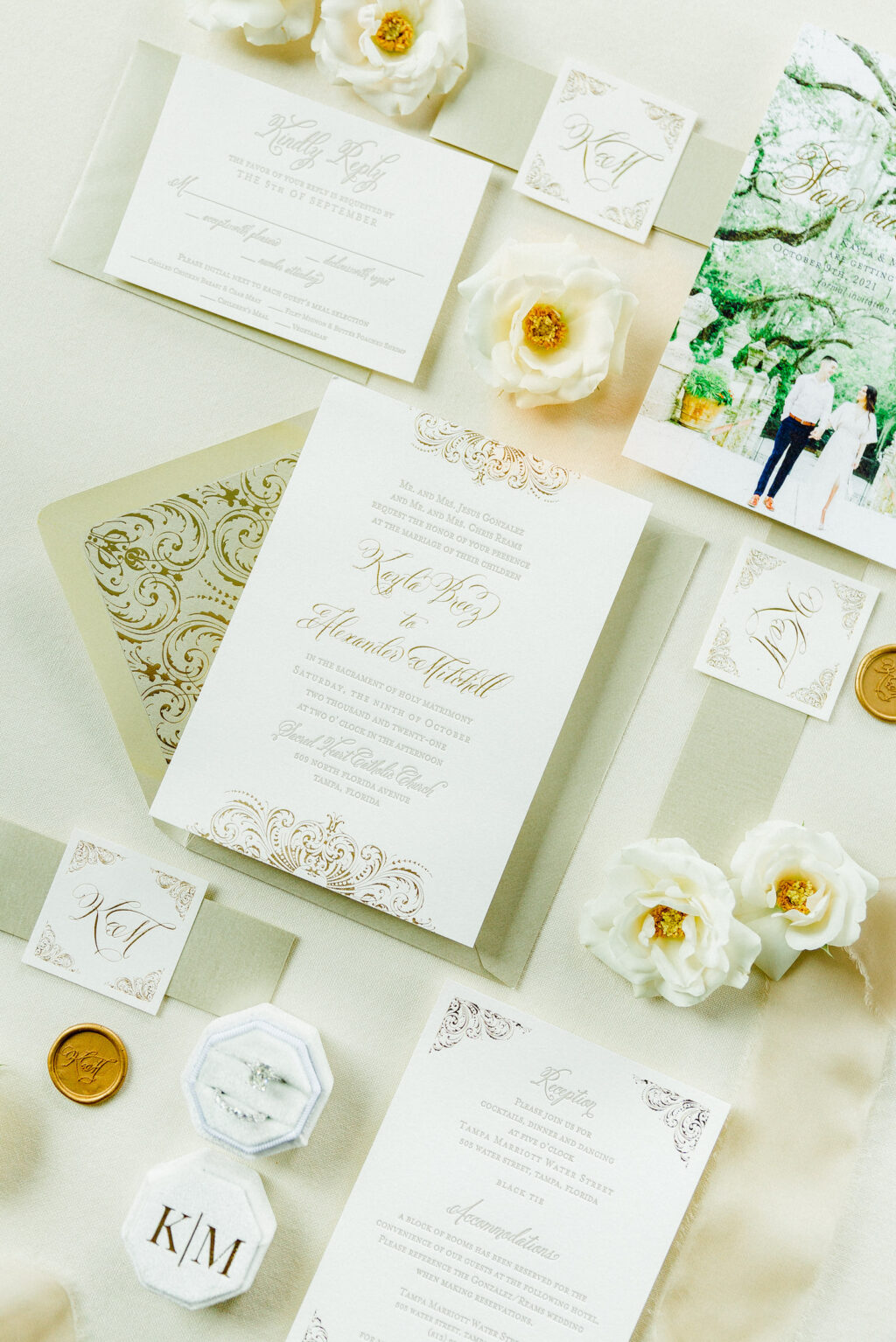Neutral and Romantic White and Gold Wedding Invitation Suite | Tampa Bay Wedding Stationery A&P Design Co