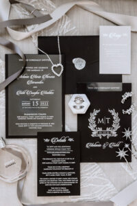 Black, White and Silver Winter Inspired Wedding, Elegant Black and Silver Wedding Invitation Suite