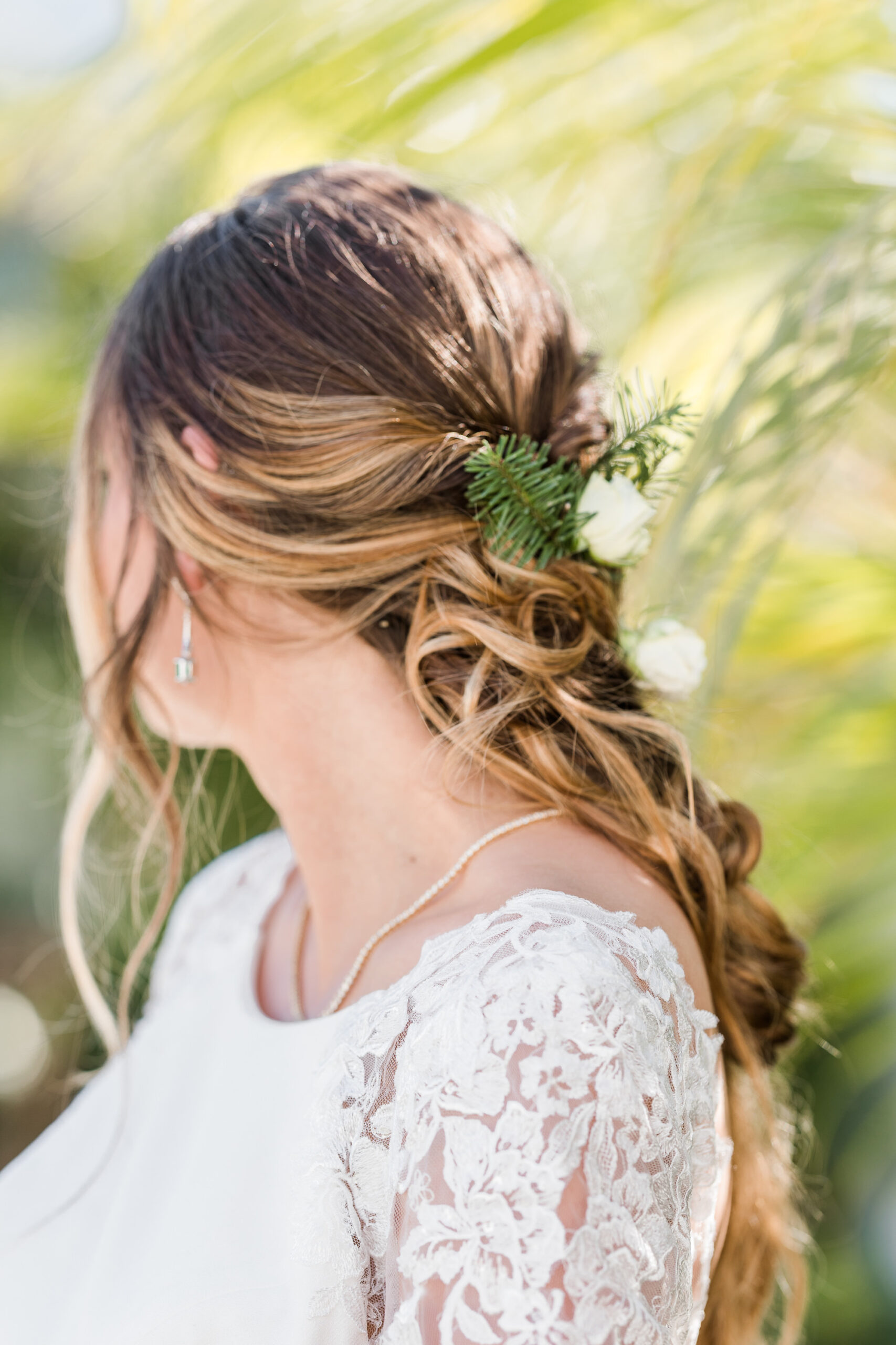 Boho Whimsical Bride Braided Hair with Pine and White Rose Floral Hairpiece