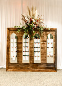 Fall Boho Elegant Wedding Ceremony Decor, Wooden Panel with Gold Mirrors Seating Cards with Lush Pampas Grass, Burnt Orange, Ivory Roses and Greenery Floral Bouquet | Tampa Bay Wedding Rentals Gabro Event Services