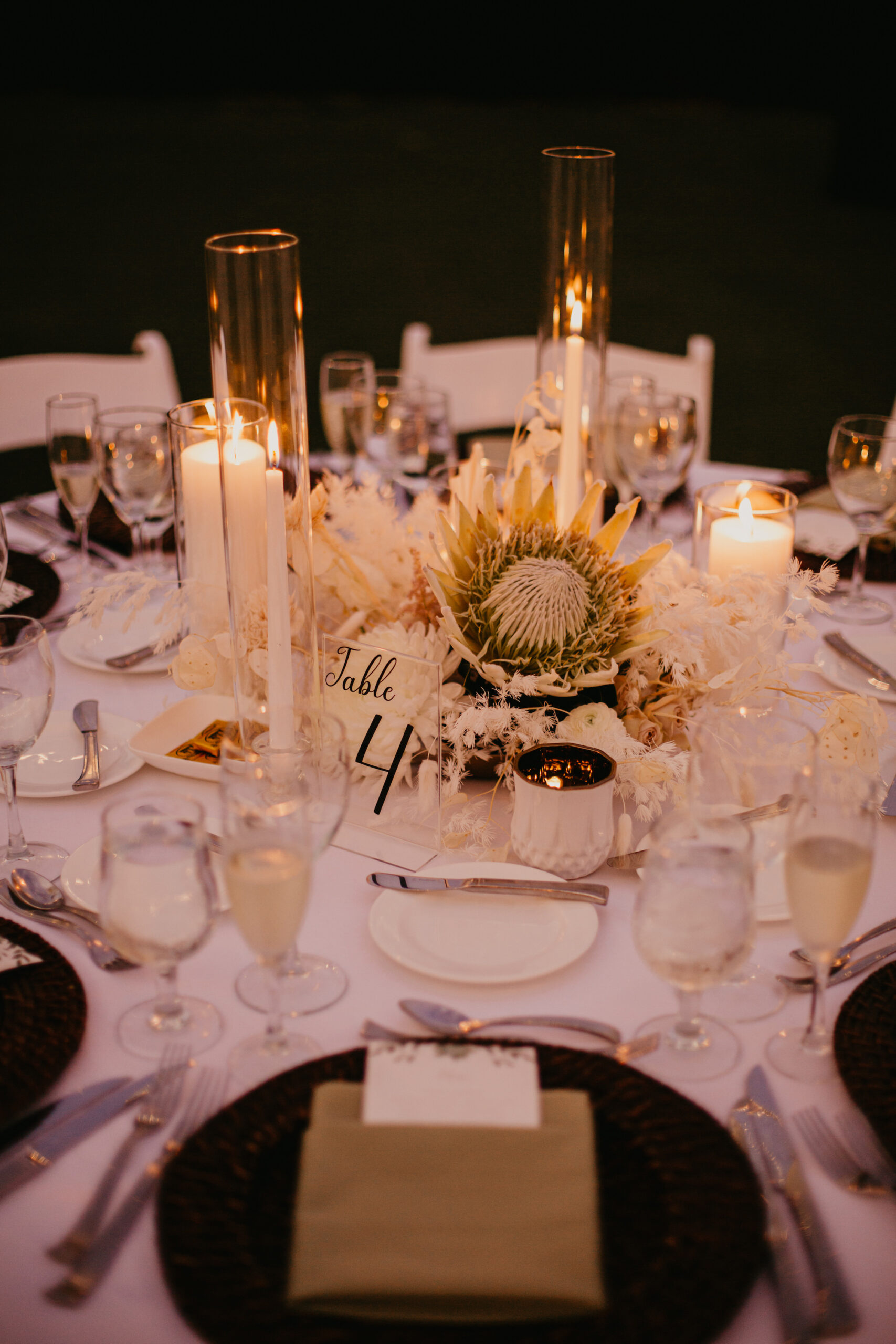 Boho Neutral White Pampas Grass King Protea Floral Wedding Reception Centerpiece Inspiration