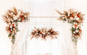 Fall Boho Wedding Ceremony Decor, Arch with Lush Dried Palm Leaves, Pampas Grass, Burnt Orange, White and Ivory Flowers, Greenery Floral Arrangements