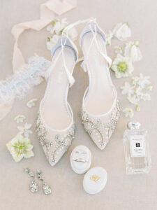 Bridal Wedding Accessories, Bella Belle Florence Wedding Shoes, Crystal Embellished Heel with Mesh, Oval Diamond Engagement Ring, Groom White Gold Wedding Ring in Oval Ring Box, Diamond Teardrop Earrings, Jo Malone Perfume Bottle