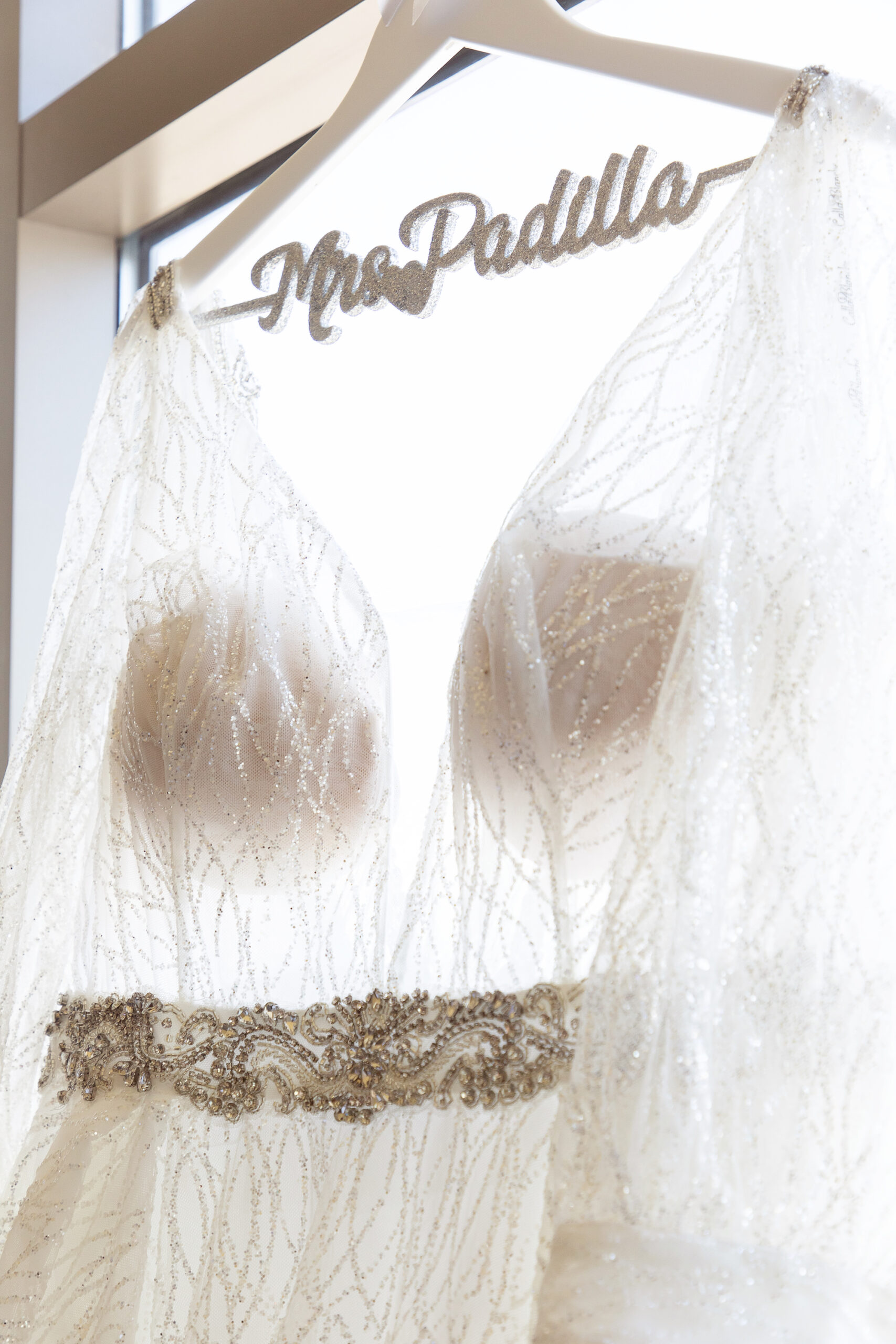 Low Cut Sheer Ballgown Wedding Dress with Sheer Lace Sleeves and Beaded Belt Detail Window Portrait | Tampa Wedding Photographer Kristen Marie Photography