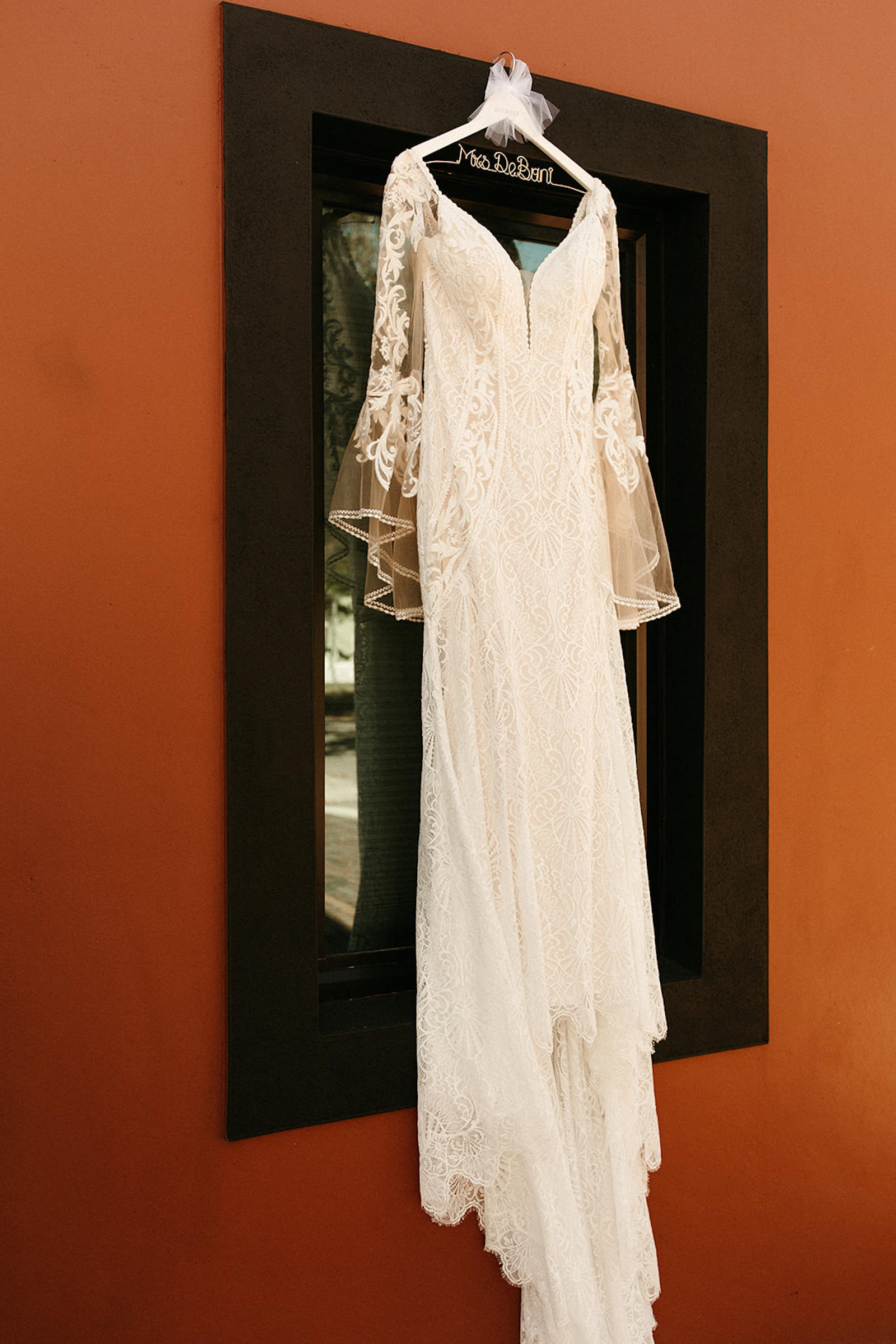 Earthy Neutral Boho Modern Chic Wedding, Lace and Illusion Bell Sleeves Wedding Dress