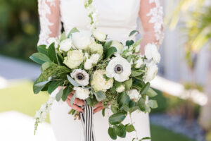 Winter Modern Whimsical Wedding, White Anemone, Ivory Roses, Greenery Floral Bridal Bouquet