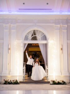 Elegant Royal Glam Gatsby Bride and Groom Entering Wedding Reception Ballroom with Sparklers