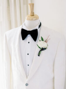 Romantic Royal Glam Gatsby Wedding, Groom White Tuxedo with Black Bowtie and White Flower Boutonniere