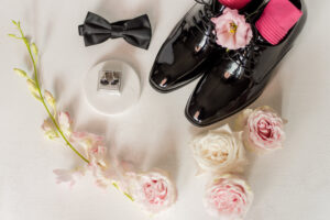 Elegant Blush Pink Same Sex Lesbian Wedding, Black Mens Dress Shoes with Hot Pink Socks, Black Cufflinks in Ring Box, Black Bowtie | Tampa Bay Wedding Photographer Amanda Zabrocki Photography