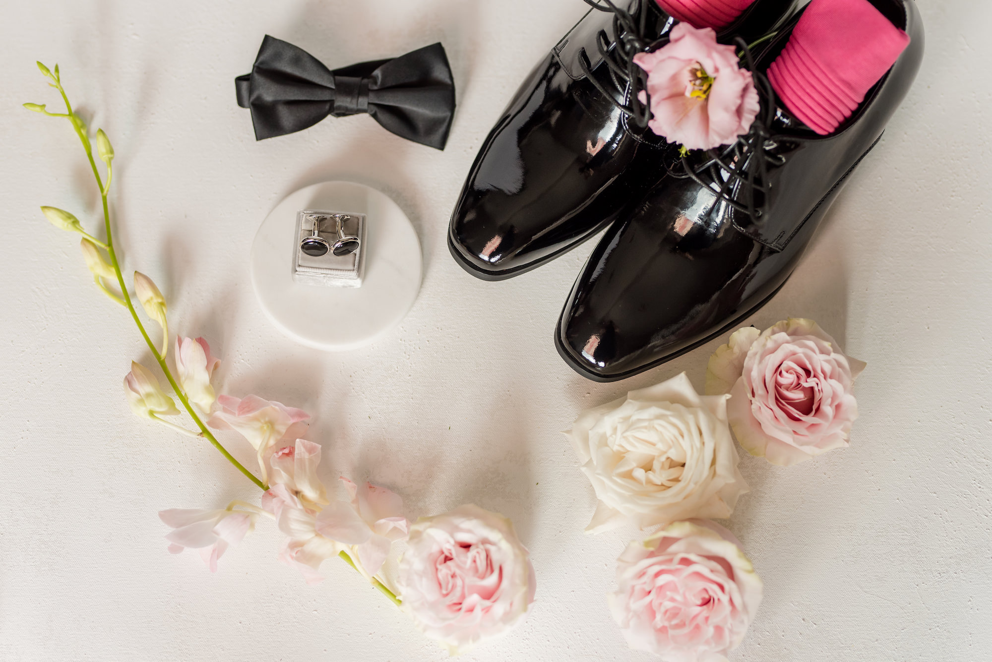 Elegant Blush Pink Same Sex Lesbian Wedding, Black Mens Dress Shoes with Hot Pink Socks, Black Cufflinks in Ring Box, Black Bowtie | Tampa Bay Wedding Photographer Amanda Zabrocki Photography