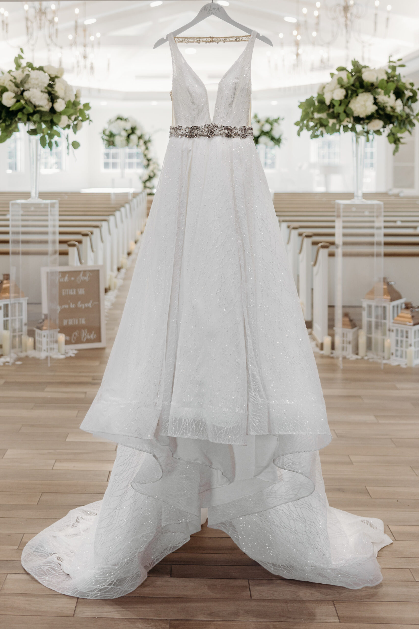 Lace A-Line Deep V Neckline Wedding Dress with Rhinestone Belt