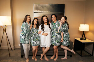 Bride with Bridesmaids in Tropical Robes Getting Ready Portrait | Tampa Photographer Limelight Photography