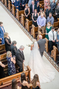 Modern Romantic Traditional Bride and Father Walking Down the Church Wedding Ceremony Aisle Processional Photo