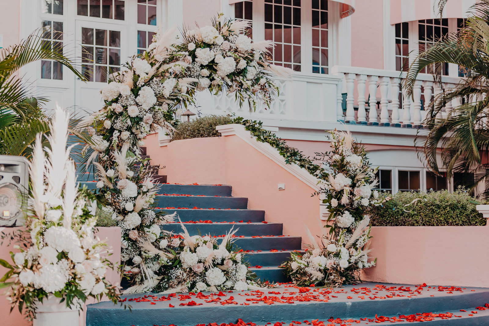 White Florals and Greenery Elegant Half Arch Wedding Décor | St. Petersburg Beach Wedding Venue The Don Cesar | Florida Florist Beneva Weddings