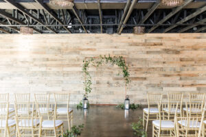 Winter Modern Whimsical Wedding Styled Shoot Ceremony Decor, Copper Rectangular Arch with Greenery Leaves, Black Lanterns, Gold Chiavari Chairs | Tampa Bay Wedding Planner MDP Events Planning | Madeira Beach Industrial Wedding Venue The West Events