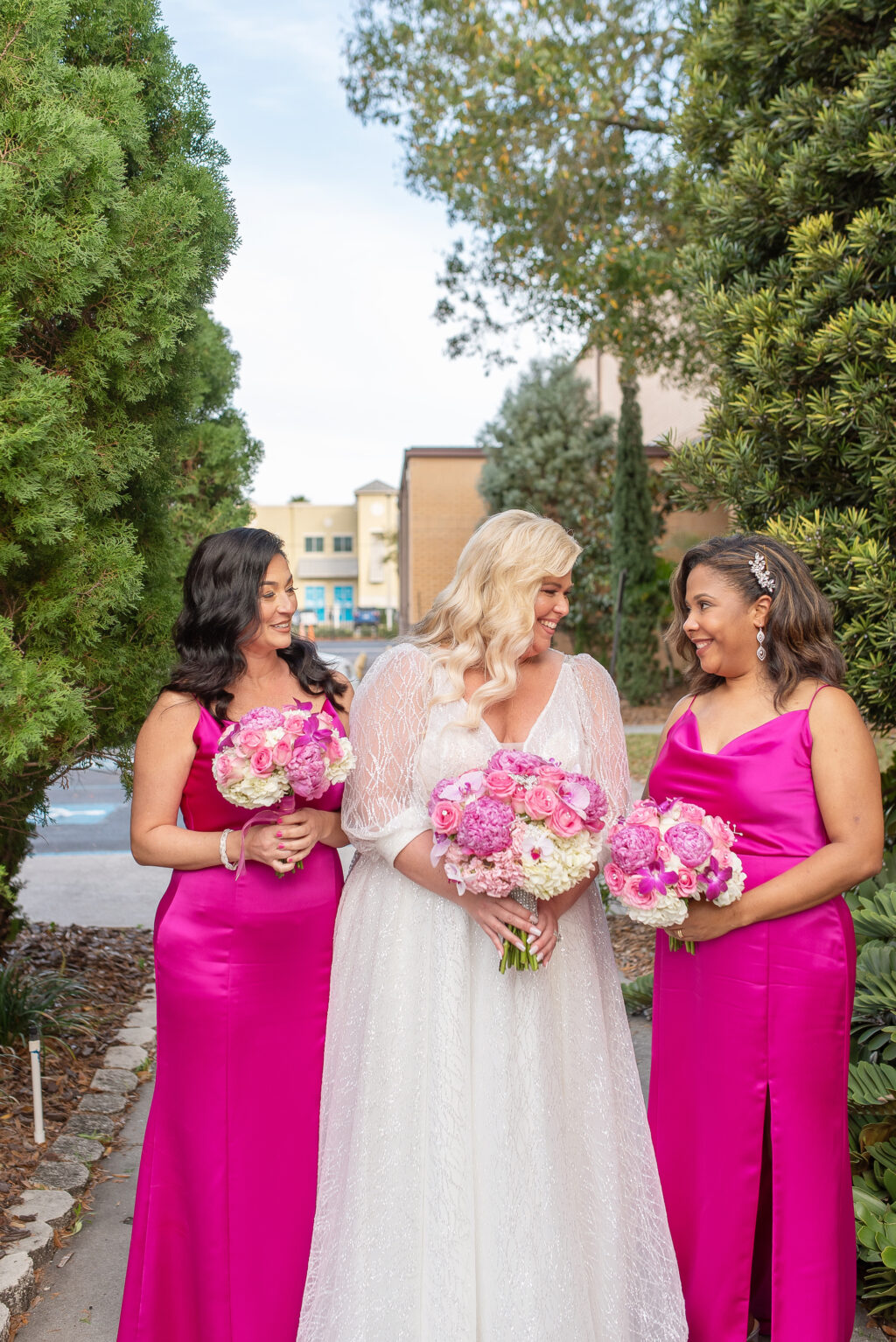 Bride and Bridesmaids in Hot Pink Satin Dresses | Tampa Bridesmaids Dresses Bella Bridesmaids