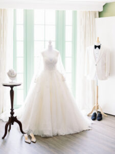 Romantic Royal Glam Gatsby Wedding, Lace and Illusion Long Sleeve Ballgown Wedding Dress, Groom White Tuxedo Jacket