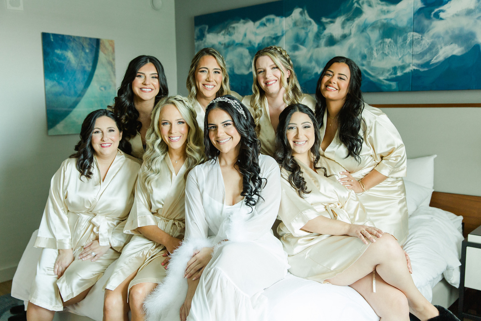 Romantic Bride Getting Wedding Ready with Bridesmaids in Matching Gold Robes | Tampa Bay Wedding Hair and Makeup Femme Akoi Beauty Studio