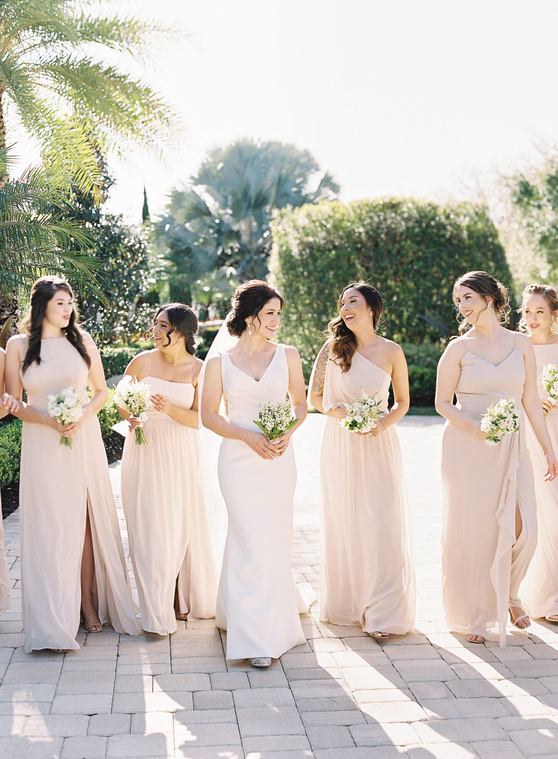 Old Florida Elegant Classic Bride with Bridesmaids in Mix and Match Nude Champagne Dresses | Tampa Bay Wedding Bridesmaid Dresses Bella Bridesmaids