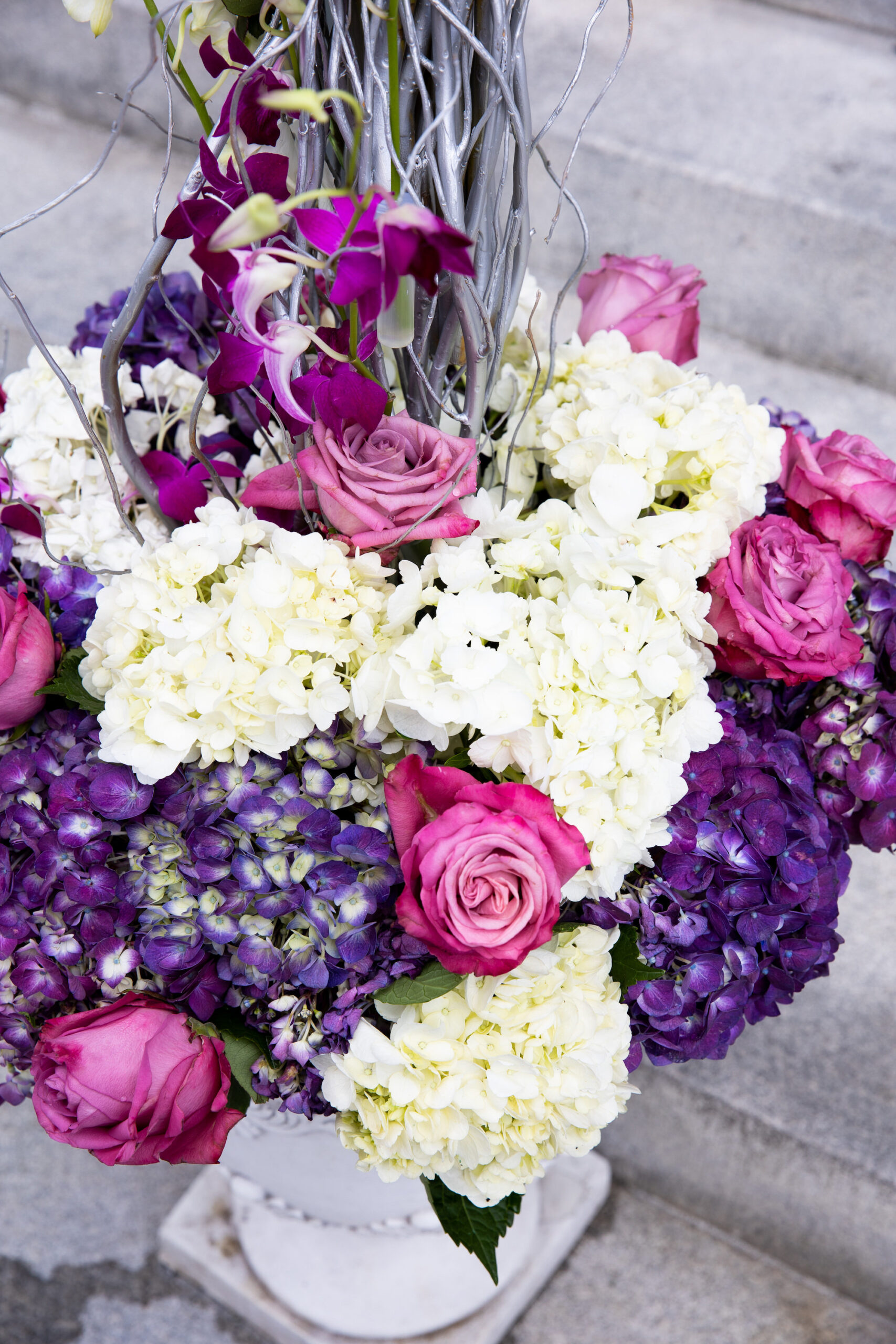 Purple, Pink, and White Hydrangea and Rose Wedding Ceremony Flowers | Fall Inspired Wedding