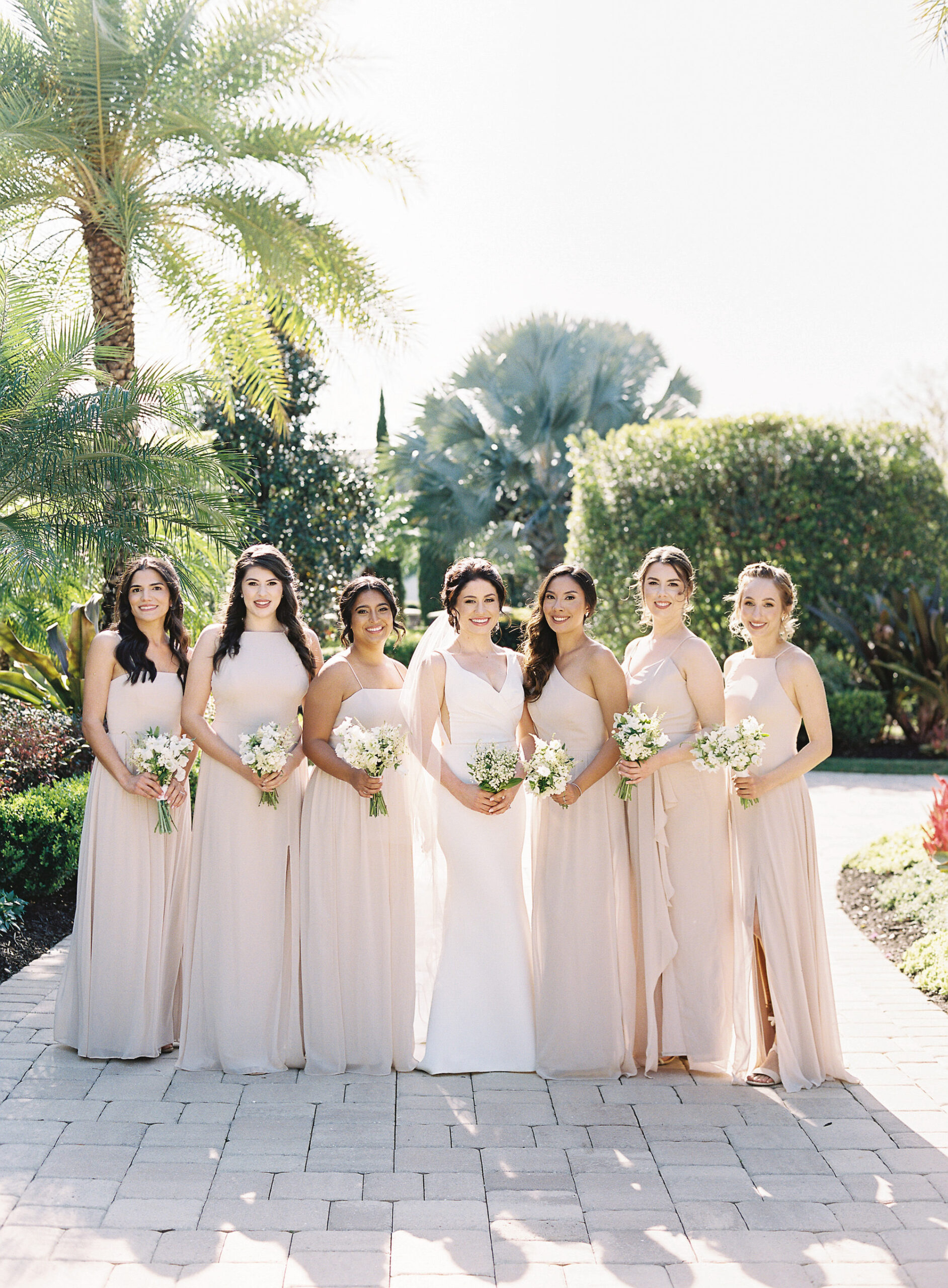Old Florida Elegant Classic Bride with Bridesmaids in Mix and Match Nude Champagne Dresses | Tampa Bay Wedding Bridesmaid Dresses Bella Bridesmaids