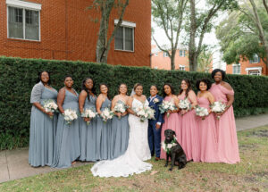 Same Sex Lesbian Wedding Party, Bridesmaids Wearing Mix and Match Gray and Pink Dresses, Dog with Floral Collar | Tampa Bay Wedding Photographer Dewitt for Love Photography | Wedding Hair and Makeup Imago Dei by Milan