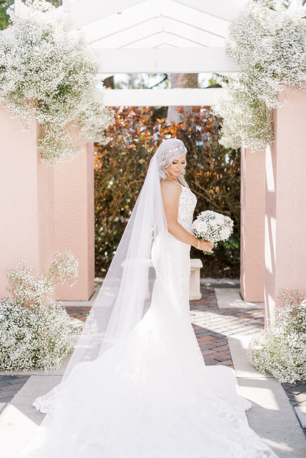 White Classic Wedding Inspiration | Cathedral Lace Wedding Veil with Baby's Breath Ceremony Decor and Bouquet | St. Pete Wedding Florist Bruce Wayne Florals