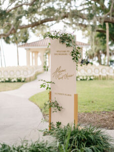 Luxurious Classic Wedding Ceremony Decor, Pink Welcome sign with Gold Lettering, Greenery Garland | St. Pete Wedding Venue Powel Crosley Estate