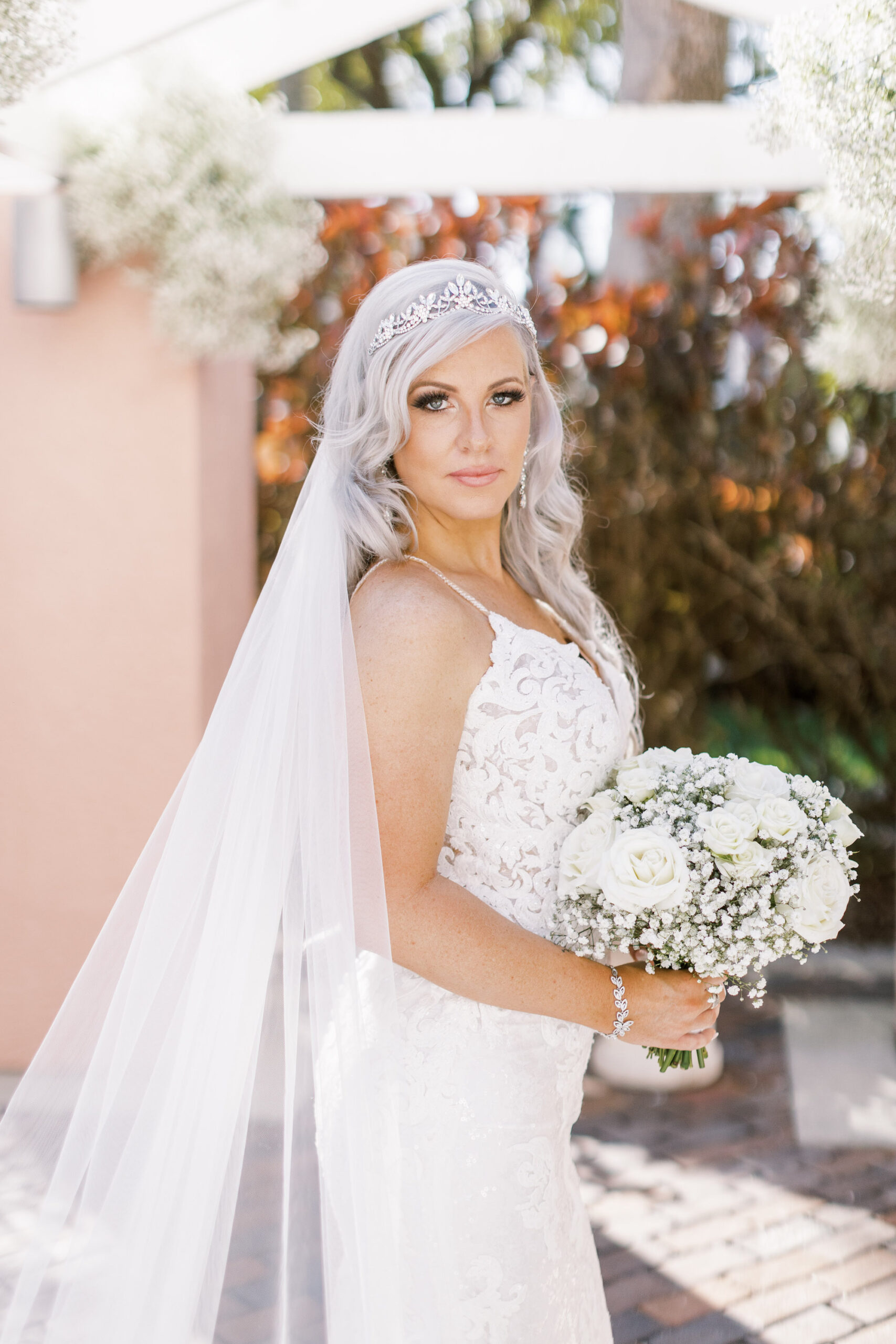 Romantic Bridal Wedding Portrait | White Rose and Baby's Breath Bouquet | St. Petersburg Wedding Florist Bruce Wayne Florals | Hair and Makeup Artist Femme Akoi Beauty Studio