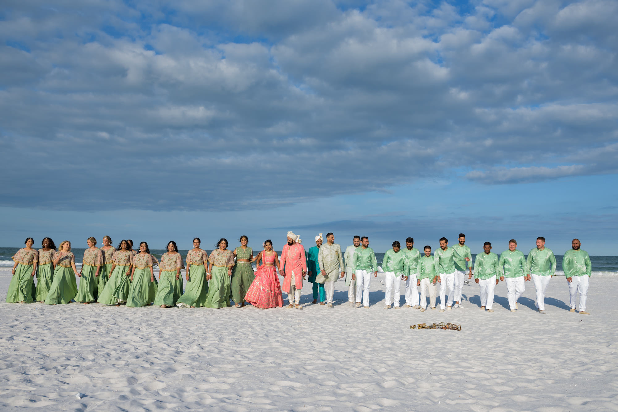 Wedding Party on Clearwater Beach Bridesmaids in Traditional Indian Green Sari, Groomsmen Wearing Kurta