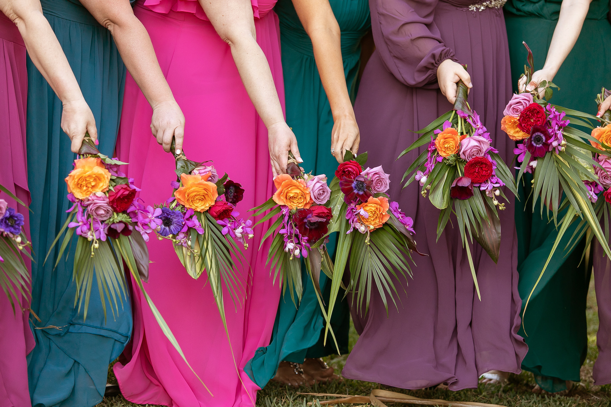 Jewel Toned Bridesmaids Dresses with Tropical Inspired Bridal Bouquets | Tampa Florida Wedding Photographer Kristen Marie Photography