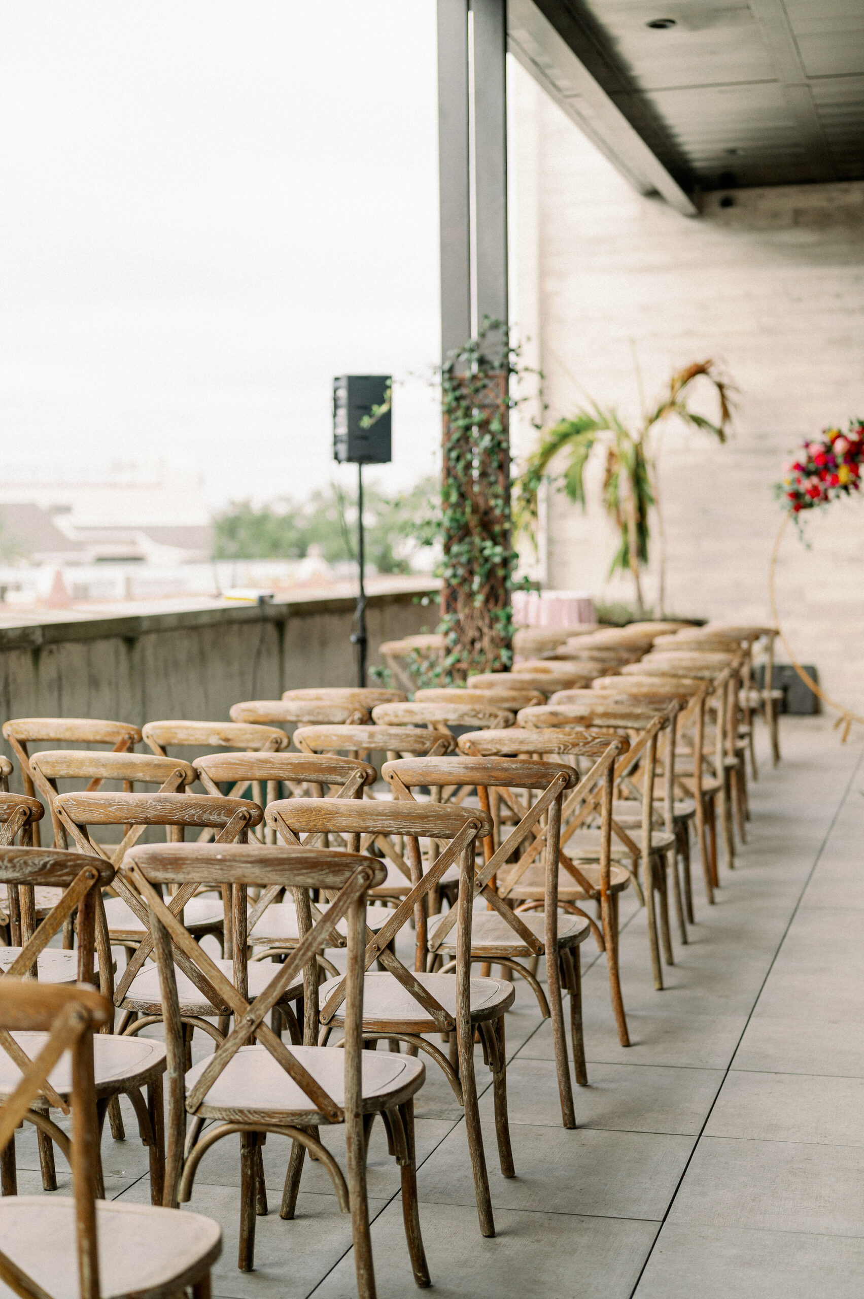 Wedding Ceremony Decor, Wooden Cross Back Chairs | Tampa bay Wedding Photographer Dewitt for Love Photography | Tampa Industrial Modern Wedding Venue Hyde House | Wedding Rentals Gabro Event Services