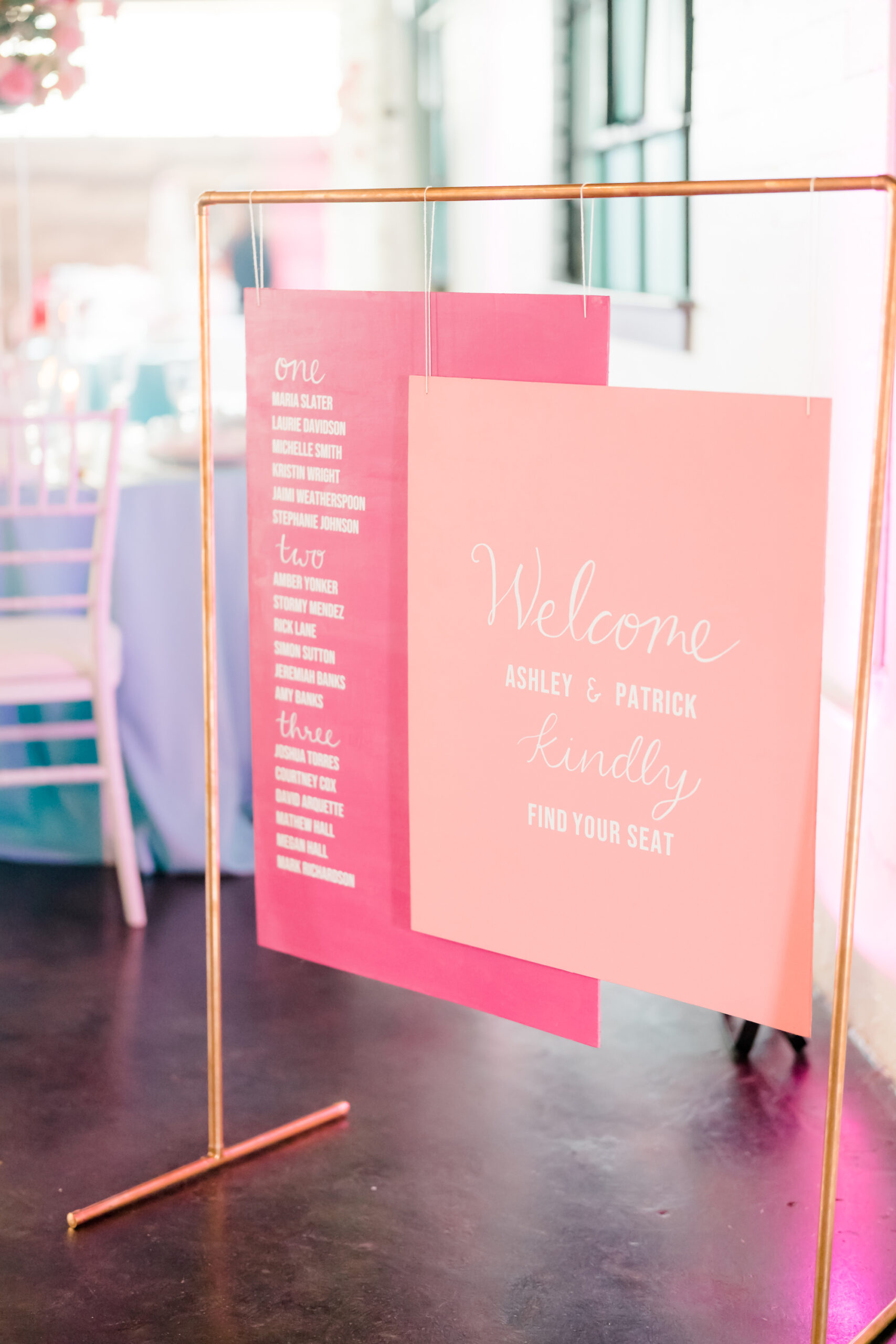 Whimsical Wedding Reception Decor, Copper Metal Hanger with Pink and Fuchsia Welcome Wedding Signs and Seating Chart | St. Petersburg Wedding Stationery Sadgebrush Designs