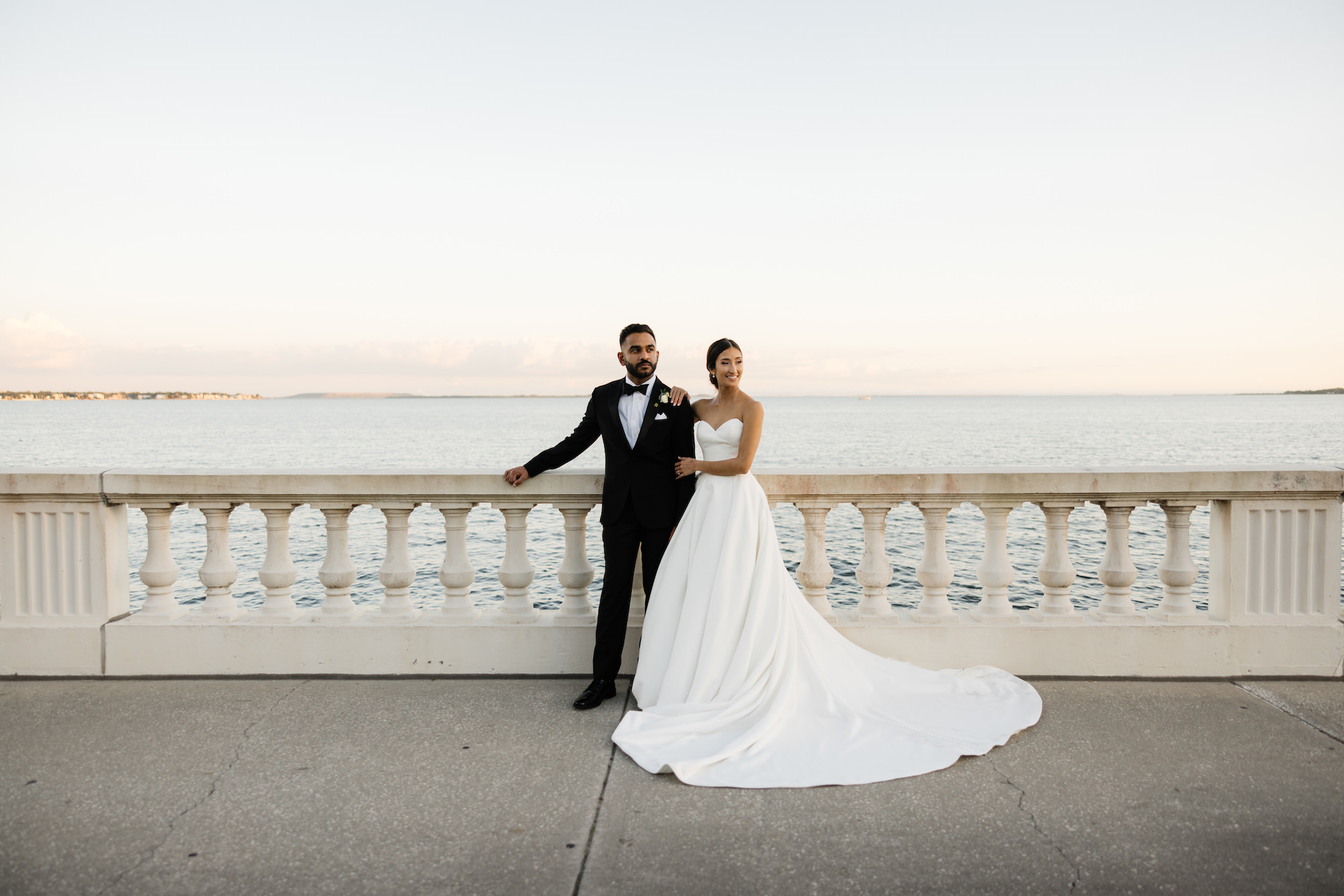 Classic and Timeless Bride and Groom Tampa Waterfront Sunset Portrait