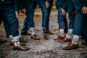 Boho Vintage Wedding, Groomsmen in Matching Brown Dress Shoes and Matching Star Wars Socks