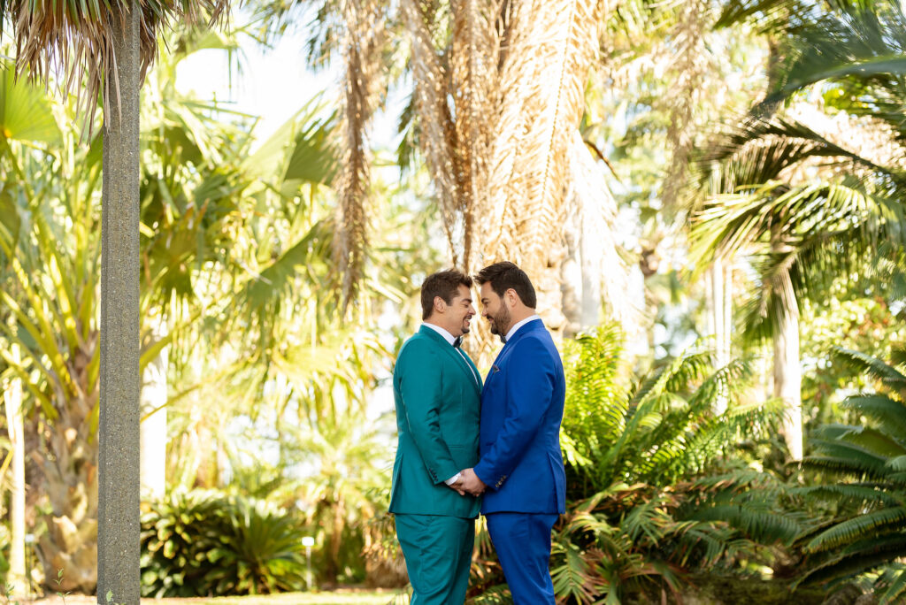 Two Grooms in Jewel Toned Tropical Inspired Suits Wedding Portrait| St. Pete Wedding NOVA 535 | Florida Wedding Photographer Kristen Marie Photography