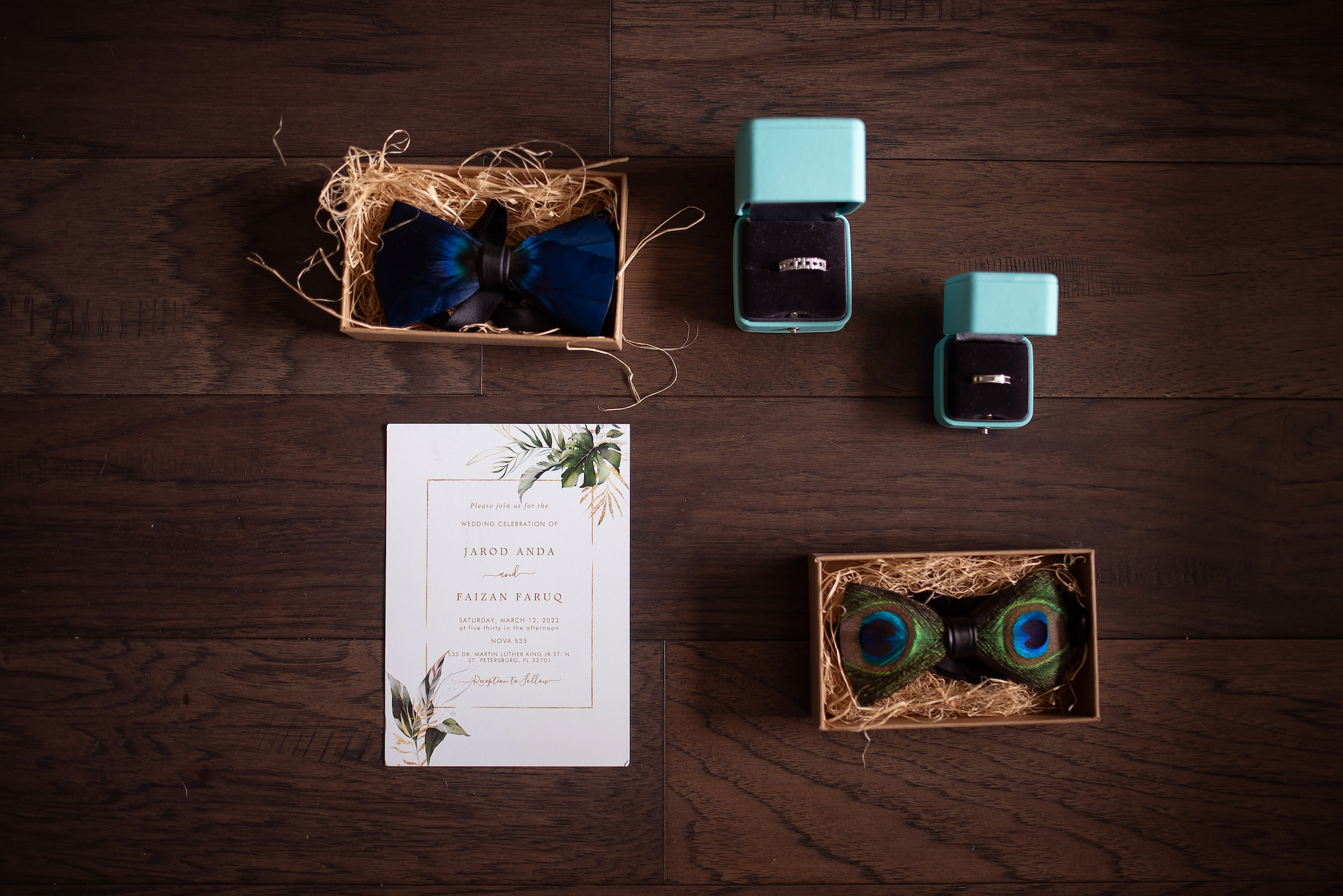 Blue and Peacock Bow Ties with Tropical Stationery and Wedding Bands in Ring Boxes | Kristen Marie Photography
