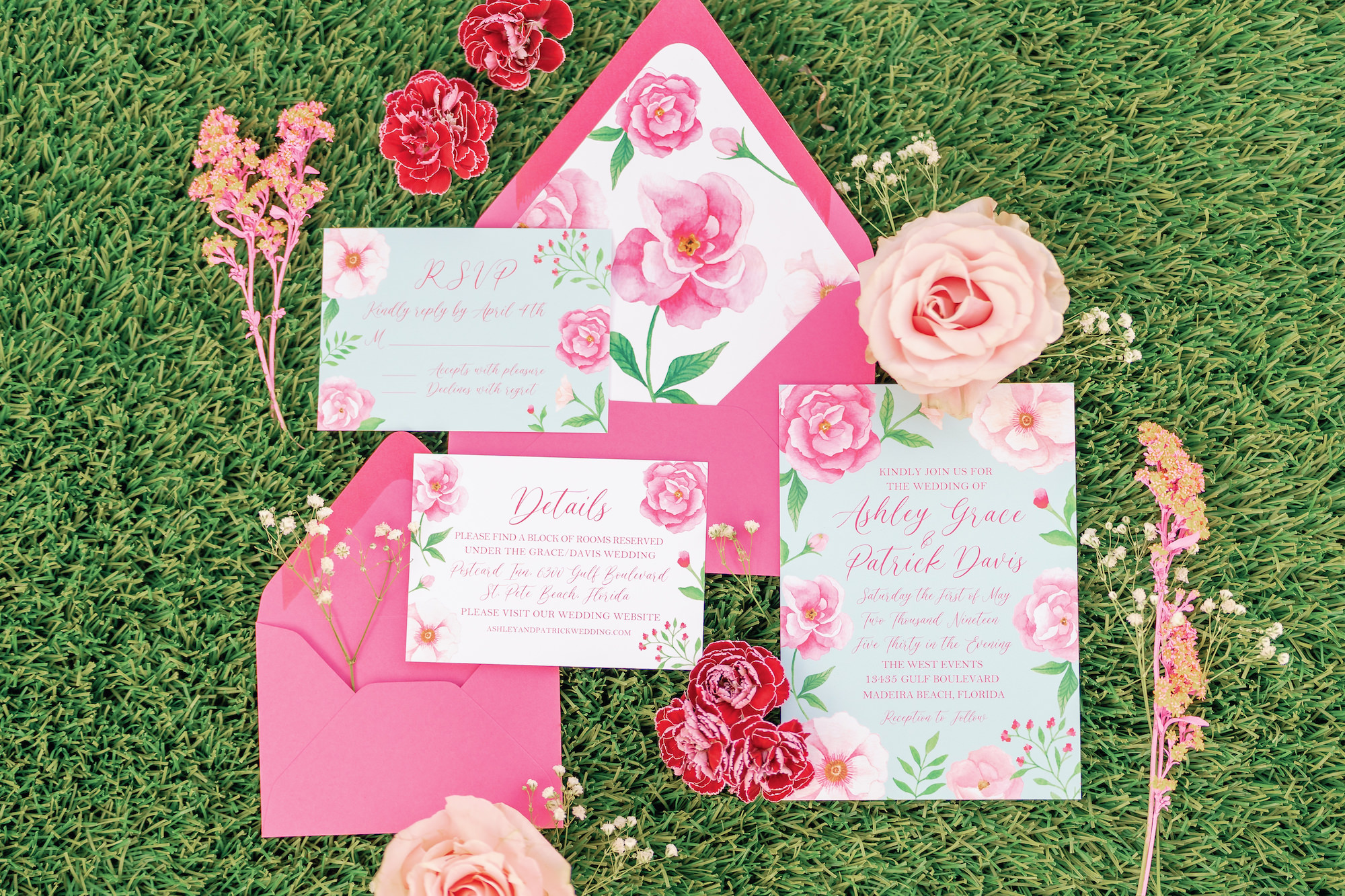 Whimsical Pink and Fuchsia Spring Floral Wedding Invitation Suite | Tampa Bay Wedding Stationery Sadgebrush Designs