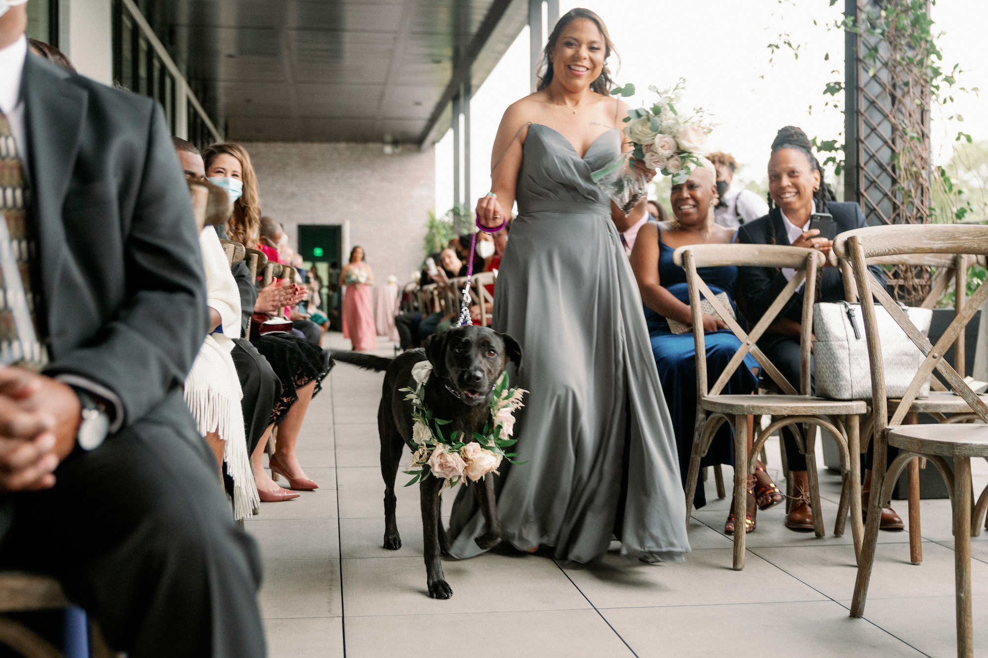 Vibrant Same Sex Lesbian Wedding Ceremony, Bridesmaid Wearing Gray Dress Walking Dog Ring Bearer Down the Ceremony Aisle | Tampa Bay Wedding Hair and Makeup IDBM Artistry | Wedding Photographer Dewitt for Love Photography
